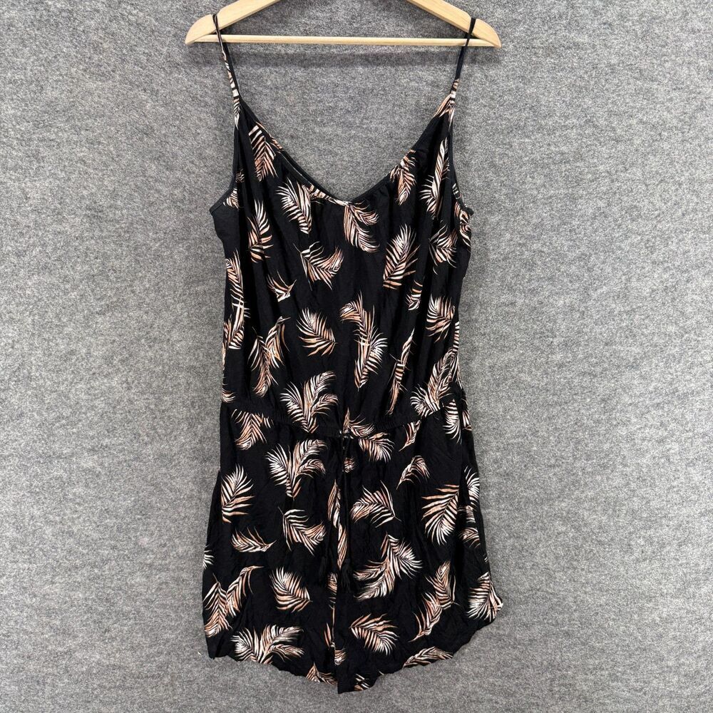 H&M Jumpsuit Women L Large Black Feather Print V-Neck Sleeveless Elastic Waist